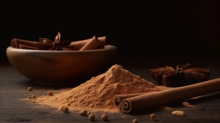 Cinnamon sticks and cinnamon powder on woodの素材