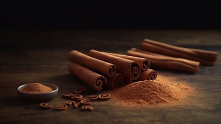 Cinnamon sticks and cinnamon powder on woodの素材