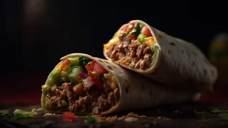 Burritos wraps with beef and vegetables on black background. Beef burrito, mexican food.の素材