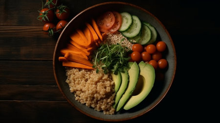 overhead view, Bowl Buddha. Buckwheat, pumpkin, chicken fillet, avocado, carrots. black backgroundの素材