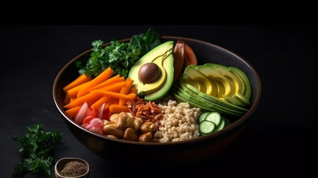 overhead view, Bowl Buddha. Buckwheat, pumpkin, chicken fillet, avocado, carrots. black backgroundの素材