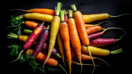 a bunch of fresh organic rainbow carrots on black background representing concept of healthy foodの素材