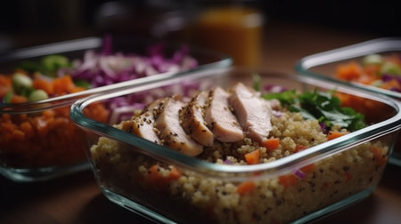 Healthy meal prep containers with quinoa, chicken and cole slawの素材