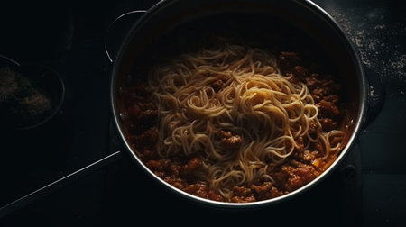 Overhead view of Pasta with bolognese sauce in saucepan on light surfaceの素材