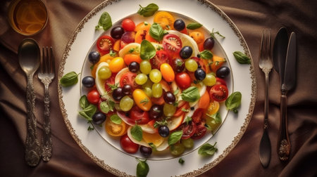 plate with delicious bright italian salad made of vegetables and fruits served on tableの素材