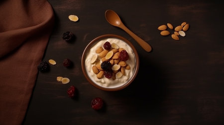 yoghurt served with oats and dried nuts on brown backgroundの素材