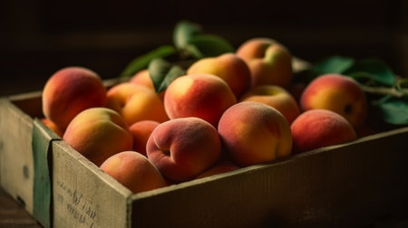 Fresh organic peaches in paper box summer foodの素材