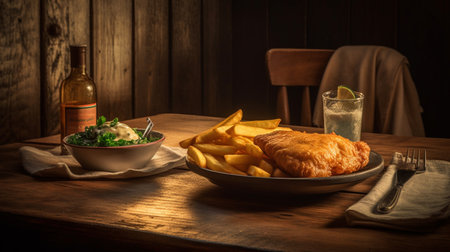 Traditional english dish fish and chips served with french fries on wooden table with copy spaceの素材