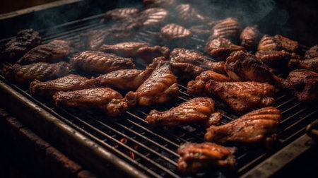 high level angle view of Delicious chicken wings and lamb barbecue on hot grill. Generative AIの素材