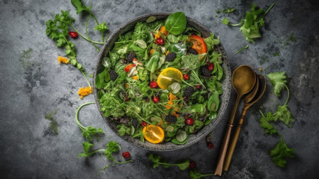 Green vegan salad from green leaves mix and vegetables. Top view. Generative AIの素材
