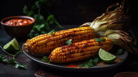Grilled sweet corn with smoked paprika, salt and cilantro. Generative AIの素材