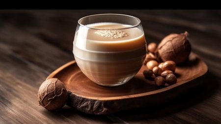 high level angle view of Coconut pearl milk tea on the wooden table. Generative AIの素材