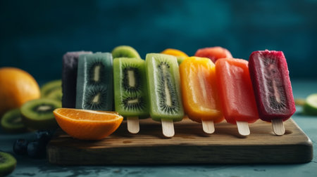 Various fruit Popsicles are placed on the blue wooden board . AI Generativeの素材