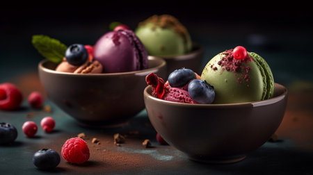 Gourmet summer dessert or craft ice cream made with fresh berries, served in bowls. Generative AIの素材