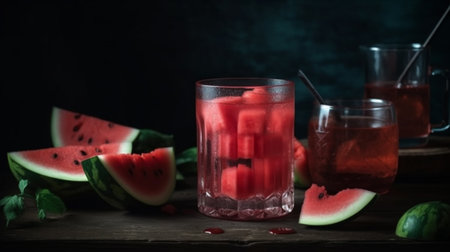 Fresh watermelon juice with ice in a glass. Slices of watermelon on the table. Generative AIの素材
