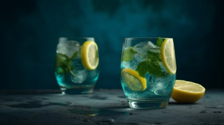 Two glass with lemonade or mojito cocktail with lemon and mint. Generative AIの素材