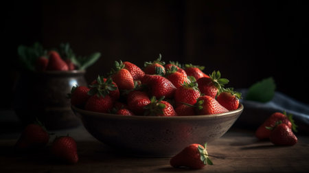 Fresh strawberries in a bowl on wooden table with low key scene. AI Generativeの素材