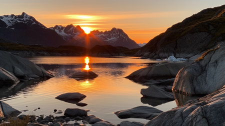 sunset with mountains in the background. a lake with glacier water in the foreground. Generative AIの素材