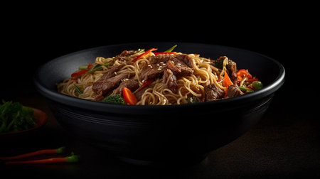 Stir fry noodles with vegetables and beef in black bowl. Generative AIの素材