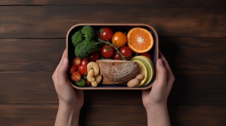 top view Hand of woman holding lunch box with healthy food. Generative AIの素材