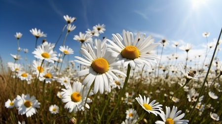 beautiful Daisy field with blue sky ultra detail. Generative AIの素材