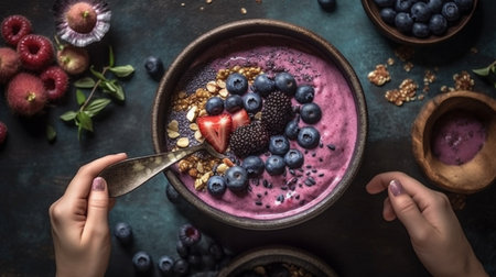 Pink Smoothie Bowl with Blueberries and Hand Using Spoon. Generative AIの素材