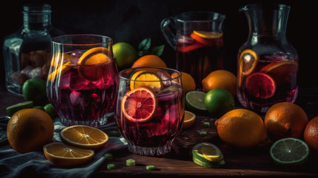 Refreshing sangria or punch with fruit in glasses . Sangria of red wine with ice. Generative AIの素材