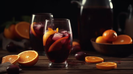 Refreshing sangria or punch with fruit in glasses . Sangria of red wine with ice. AI Generativeの素材