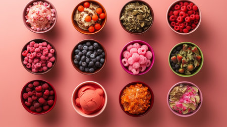 Set of bowls with various colorful Ice Cream and fresh ingredients on pink background. Generative AIの素材