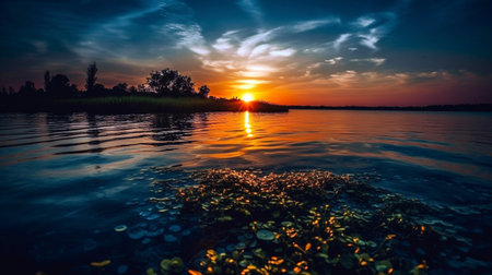 Sunset at coast of the lake. reflection blue sky and yellow sunlight. Nature landscapeの素材