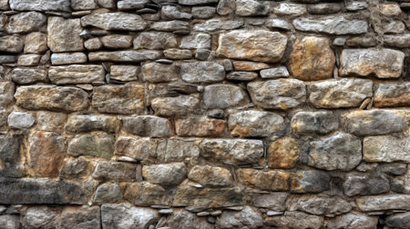 Old coarse panoramic stone wall made of various square natural stones in beige, ocher and brownの素材