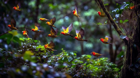bird flying in formation. Fall landscape. Birds migrationの素材