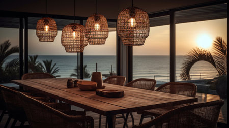 Beautiful cafe on sea coast at night in summer. Landscape with chairs and tables, lamps, lightsの素材