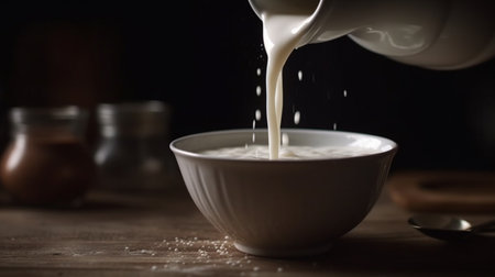 Plant Based Milk being poured in to a glass. Generative AIの素材