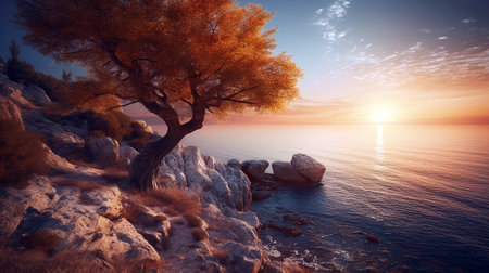 Autumn lake landscape format with a birds nest in the tree. Autumn fall in park with yellow leavesの素材