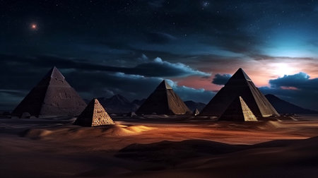 The Pyramids by night in Egypt. Majestic night scene with Great Pyramid Moon in starry dark blue skyの素材