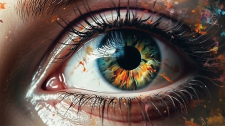 Crop of female eye with colorful make up. Beautiful creative art makeup. Generative AIの素材