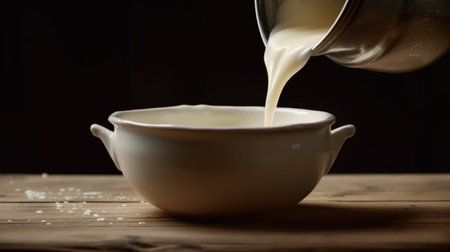 Plant Based Milk being poured in to a glass. Generative AIの素材