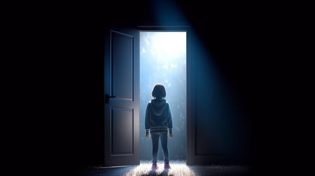 Little girl on steps leading from a dark basement to open the doorの素材