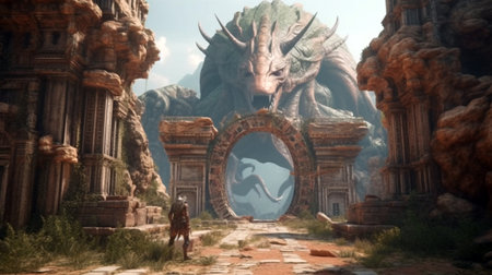 fantasy adventure in remote ancient abandoned ruin city civilization with giant monsterの素材