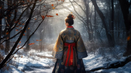 Korean Girl dressed in traditional dress in the winter magic forestの素材