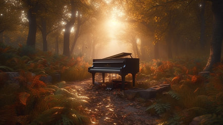 Surreal dreamscape forest and sunset and black grand piano. Generative AIの素材