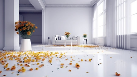 white modern interior with panoramic windows and corner sofaの素材