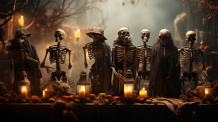 Halloween Party Skeletons With Wooden Banner In Spooky Nightsの素材