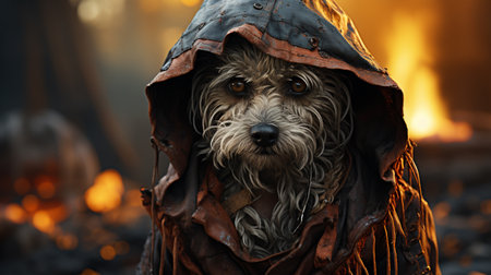 cute corgi dog in fancy black hat sitting in autumn park with pumpkin for halloweenの素材