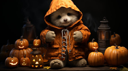 Cute Bear Wears Pumpkin. Halloween concept. Cute little bearの素材