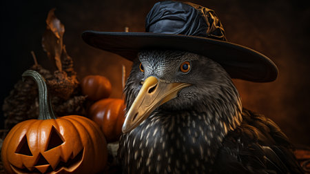 crow bird wearing witch hat with pumpkin on dark backgroundの素材