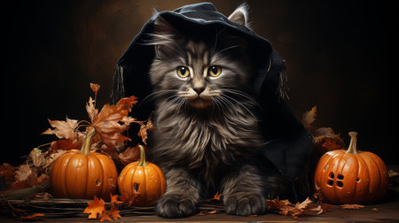 halloween witch black cat with pumpkin watercolor. Cute Witch Cat, Halloween Black Catの素材