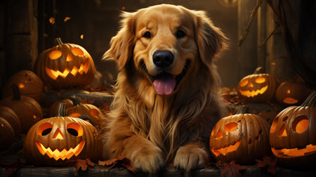 Beautiful dog and pumpkins at autumn. dog with halloween pumpkin. generative aiの素材