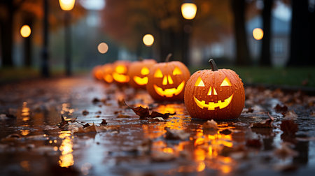 Glowing candle lit Jack O Lantern Halloween pumpkin decorations outsideの素材